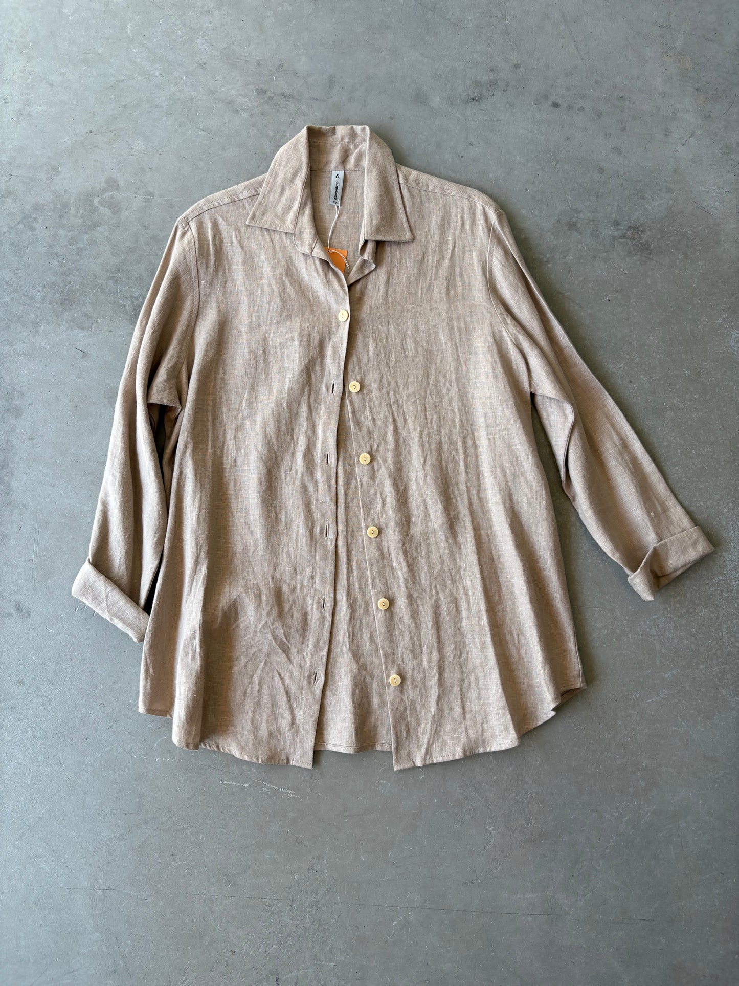 Tan linen long button-down