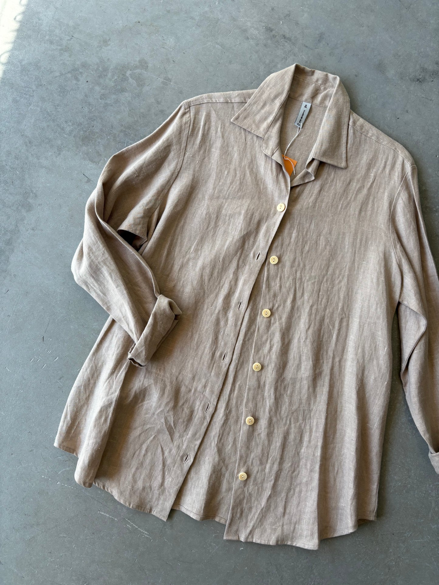 Tan linen long button-down