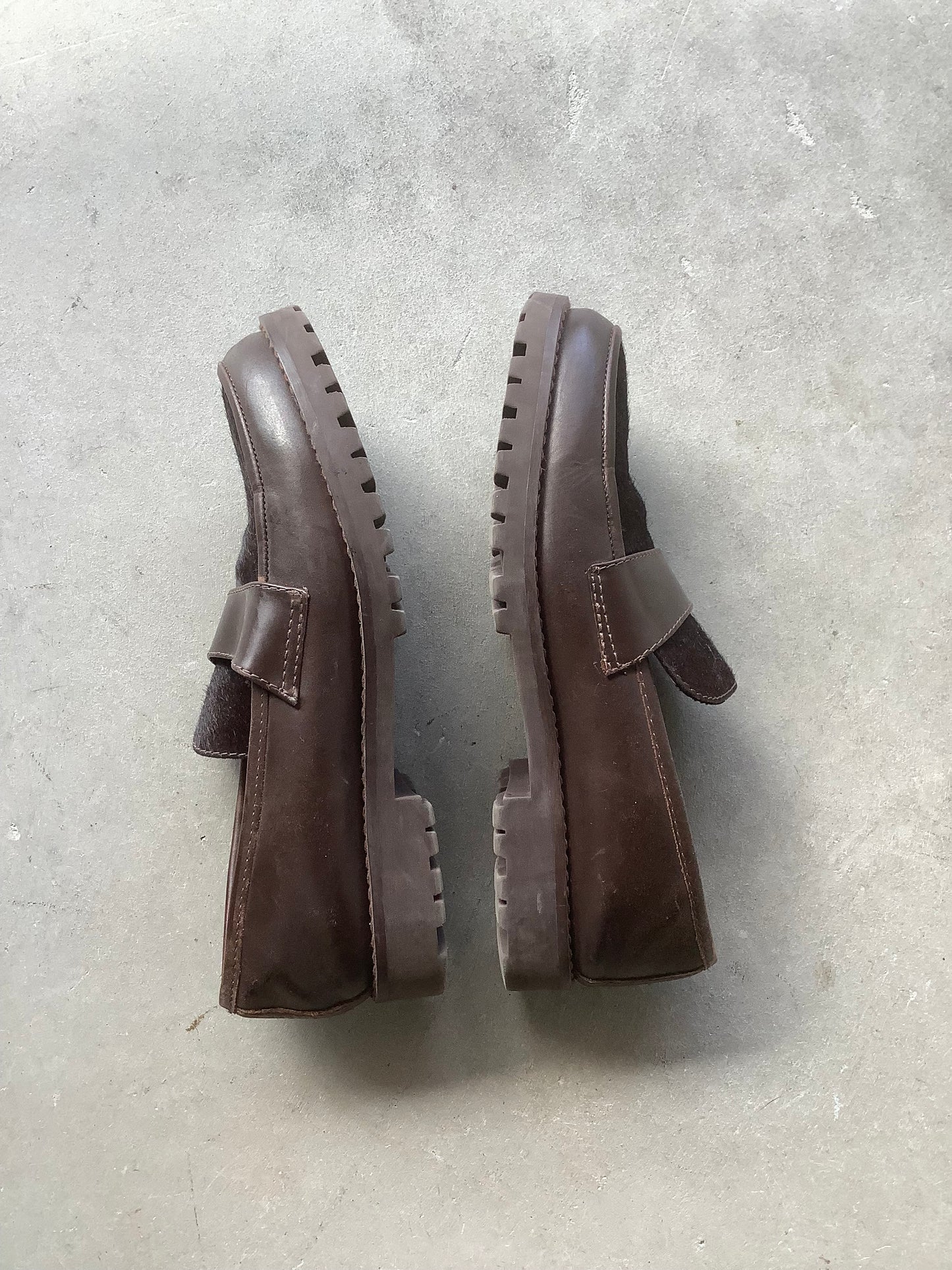 Brown pony hair leather loafers US 8.5
