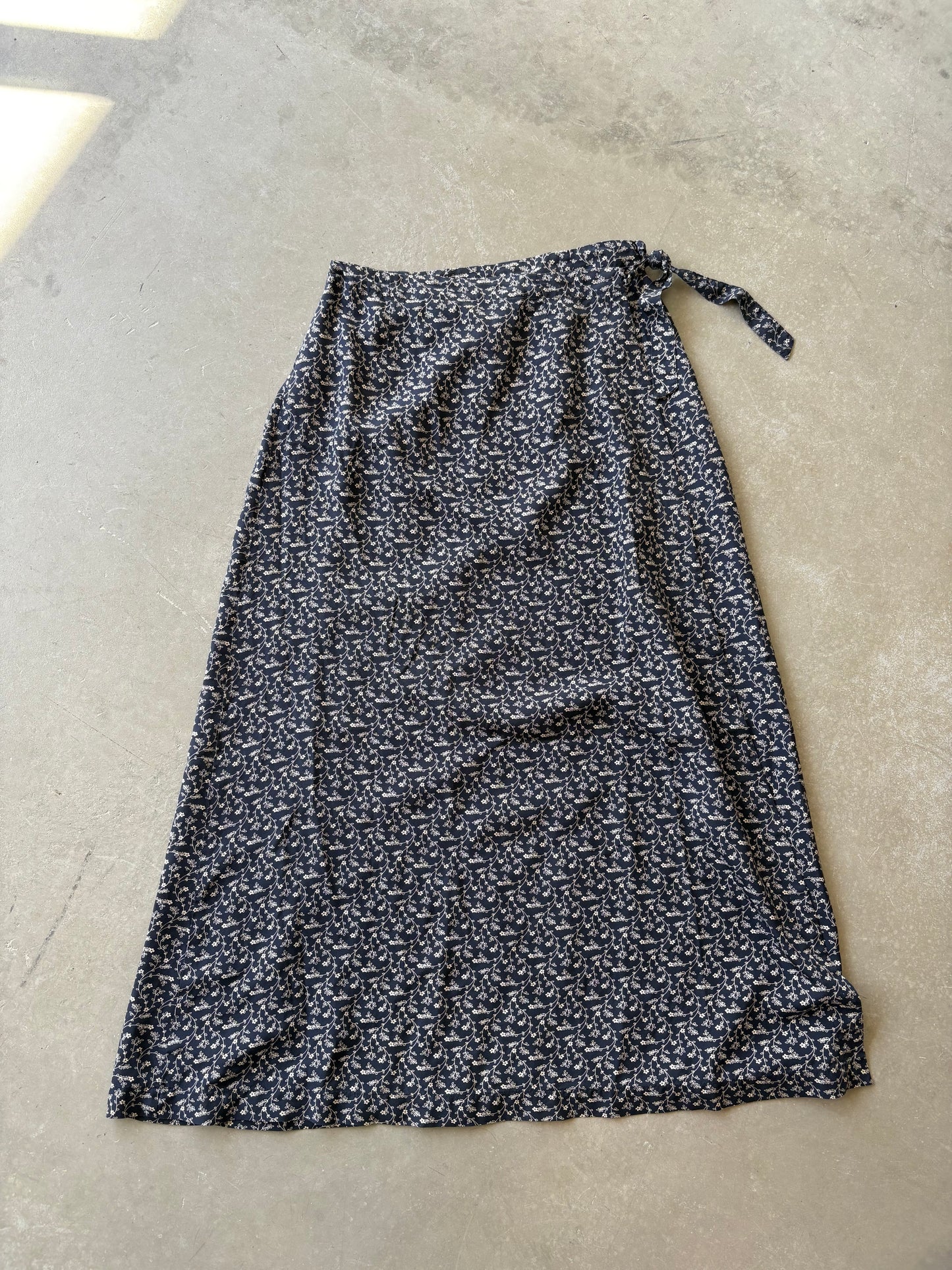 Navy silk wrap midi skirt