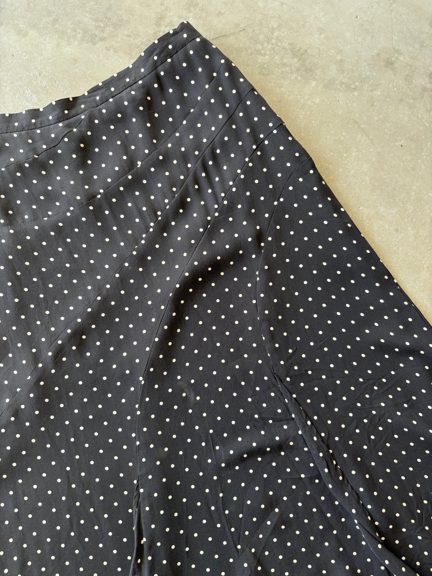 Black and white polka-dot silk maxi skirt