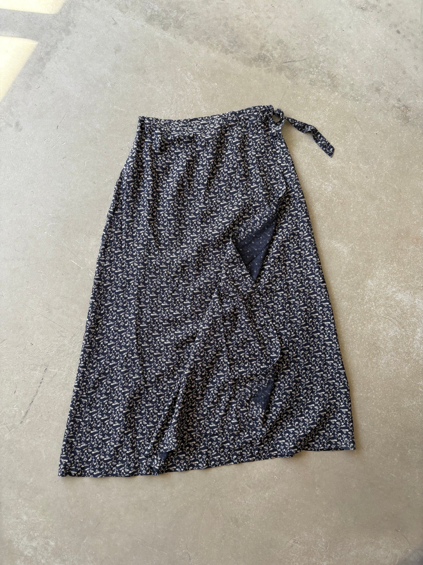 Navy silk wrap midi skirt