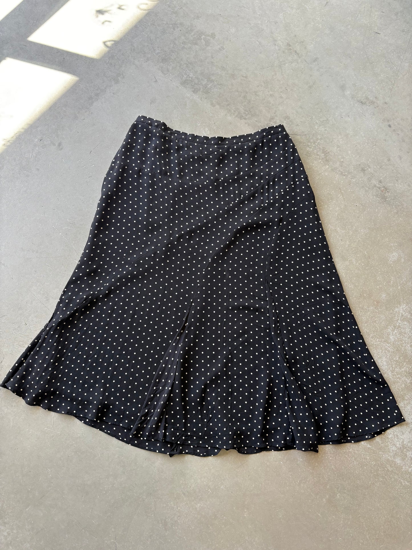 Black and white polka-dot silk maxi skirt