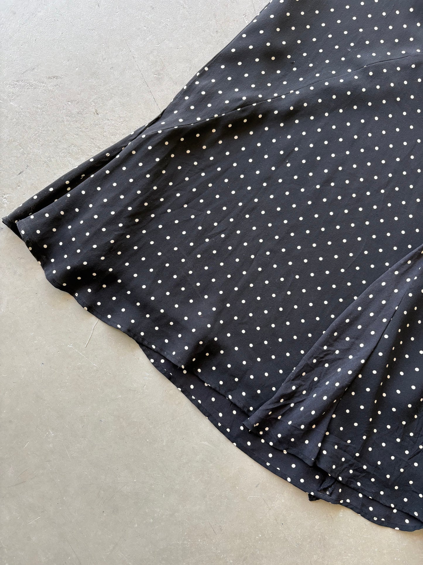 Black and white polka-dot silk maxi skirt