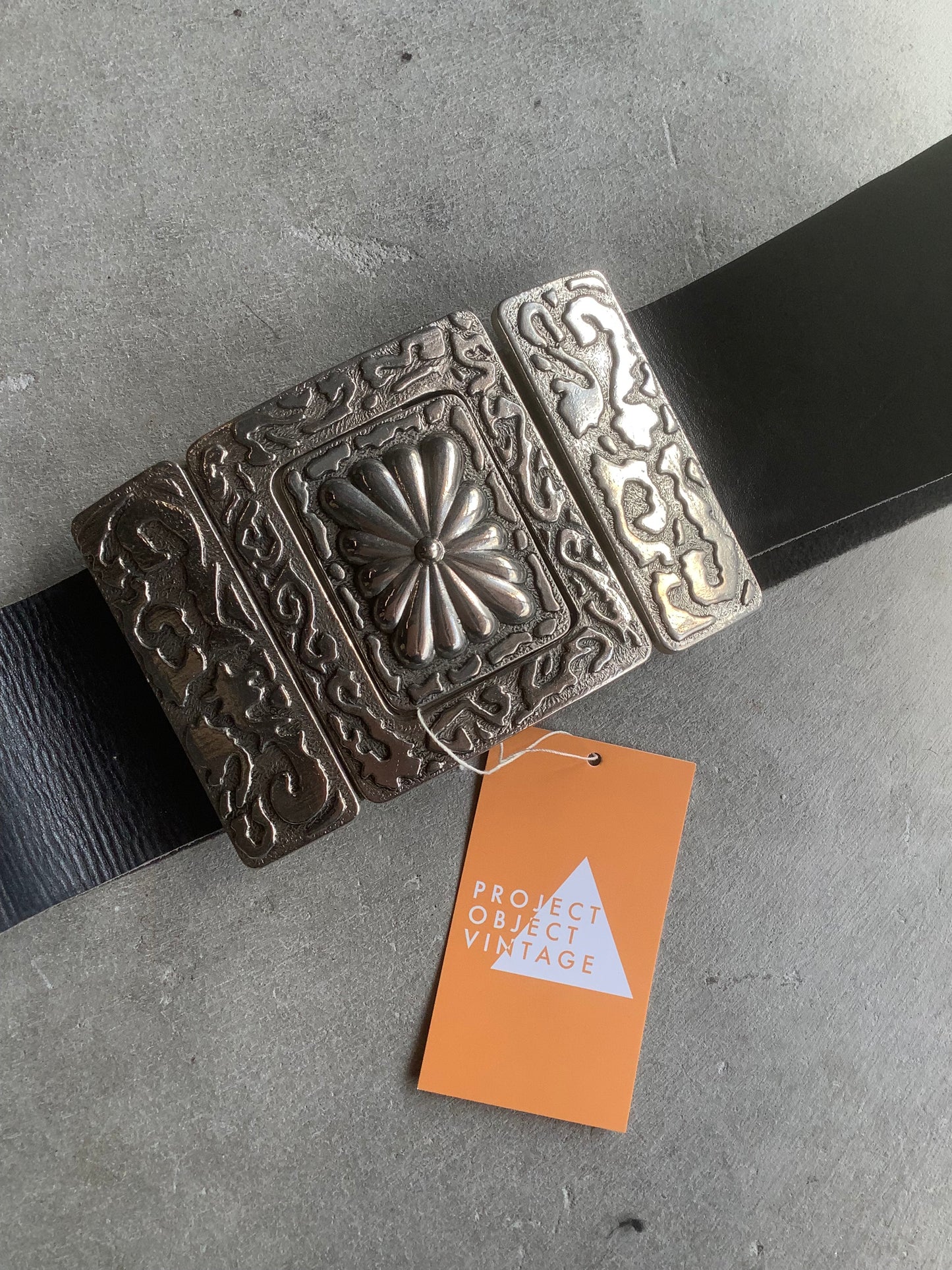 Extra wide black leather and silver belt