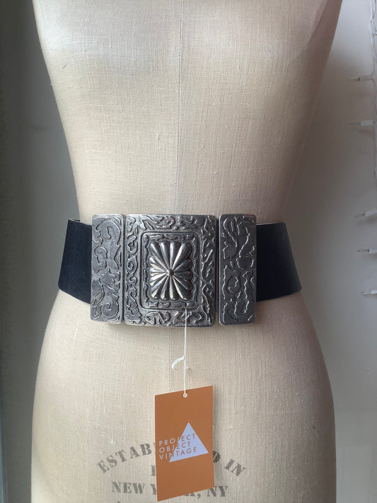 Extra wide black leather and silver belt