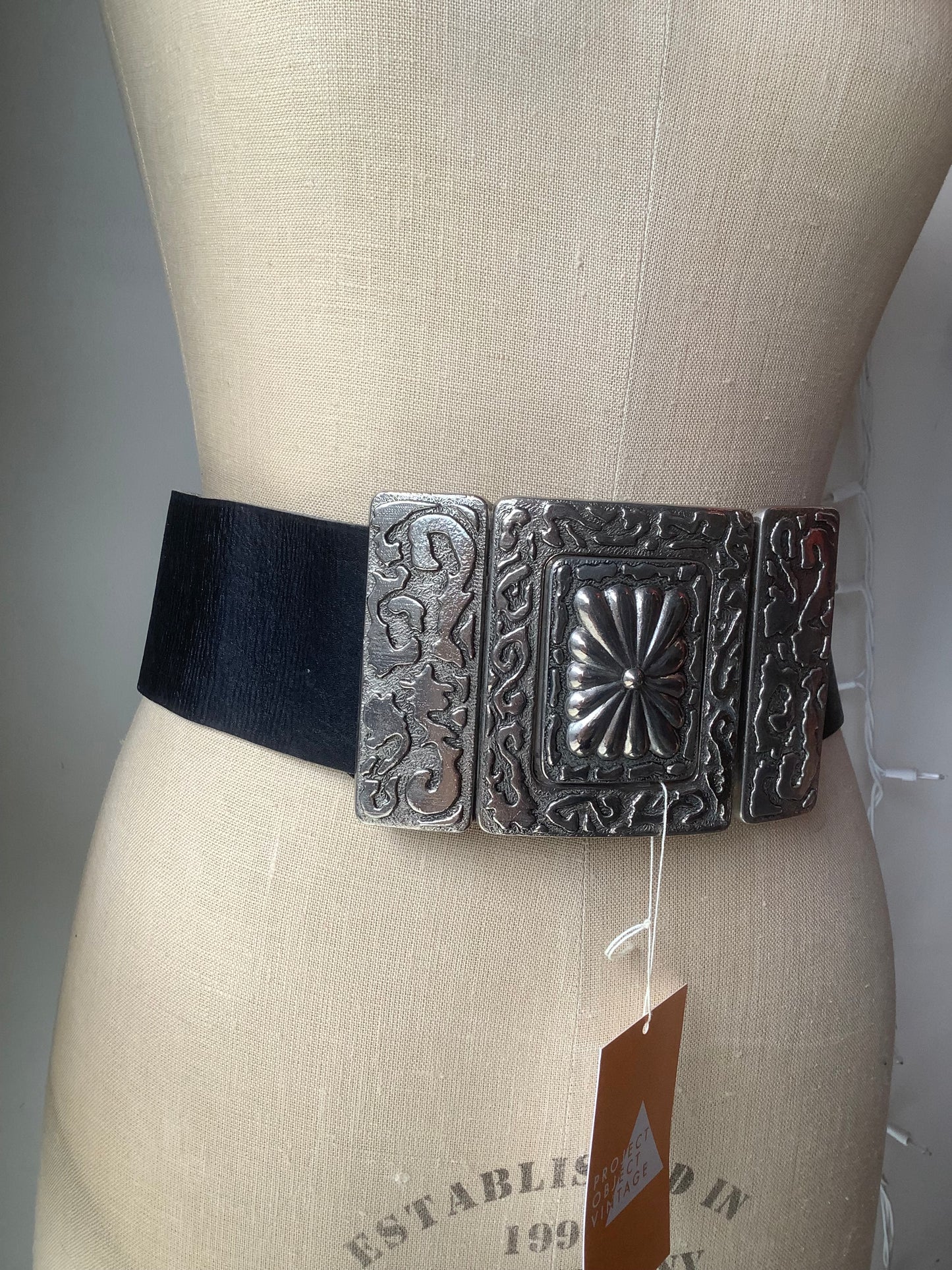 Extra wide black leather and silver belt