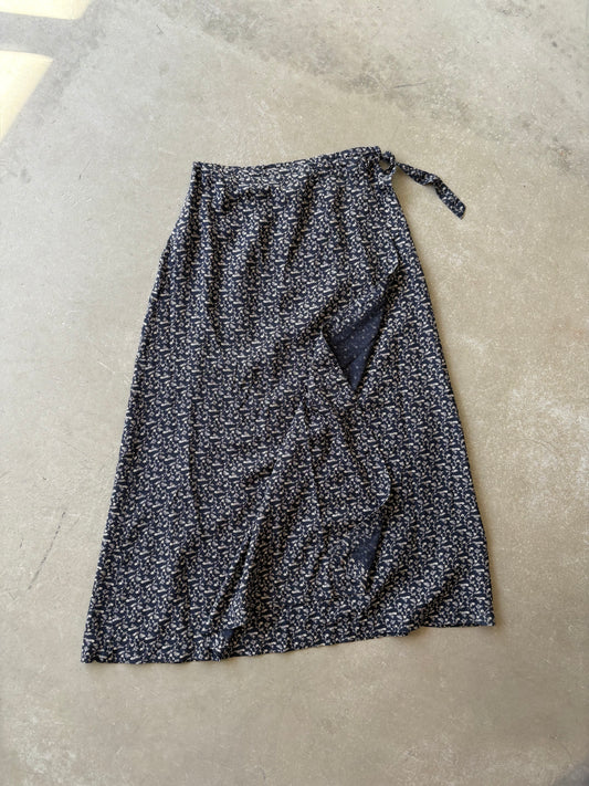 Navy silk wrap midi skirt