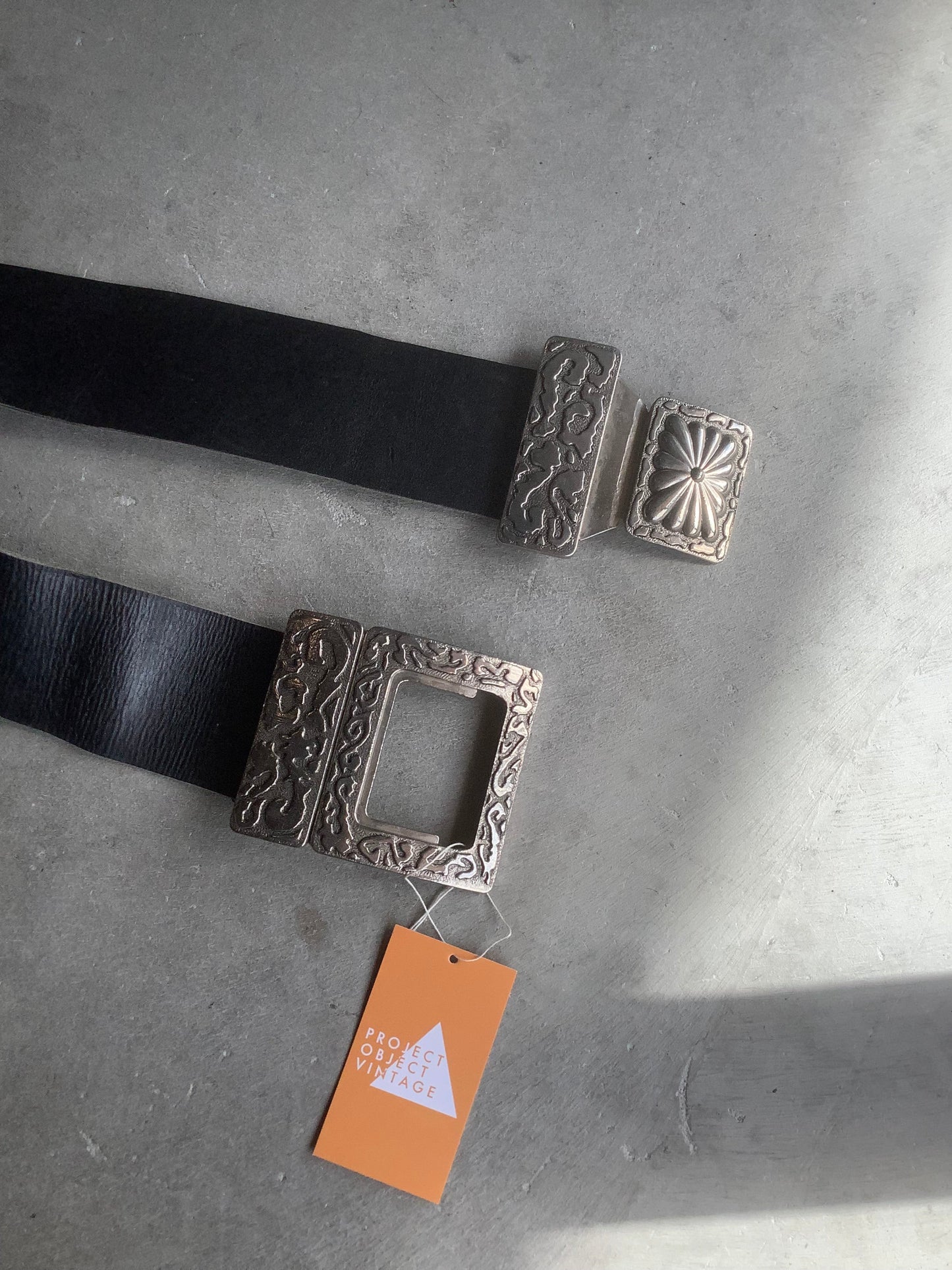 Extra wide black leather and silver belt