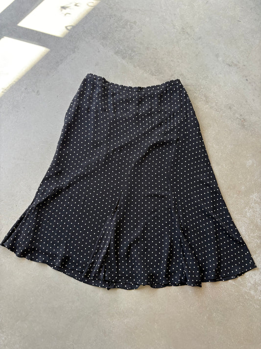 Black and white polka-dot silk maxi skirt