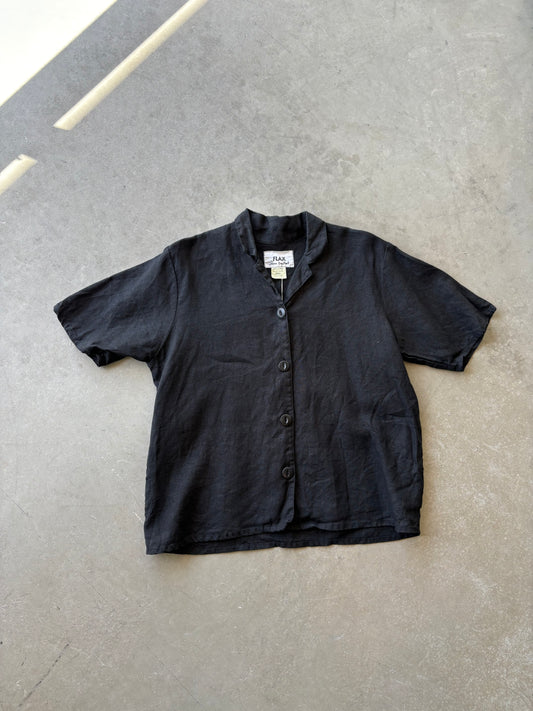 Black linen boxy button-up