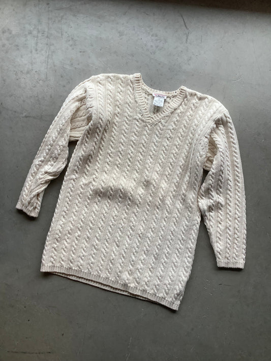 Ecru cotton V-neck cableknit sweater (S/M)