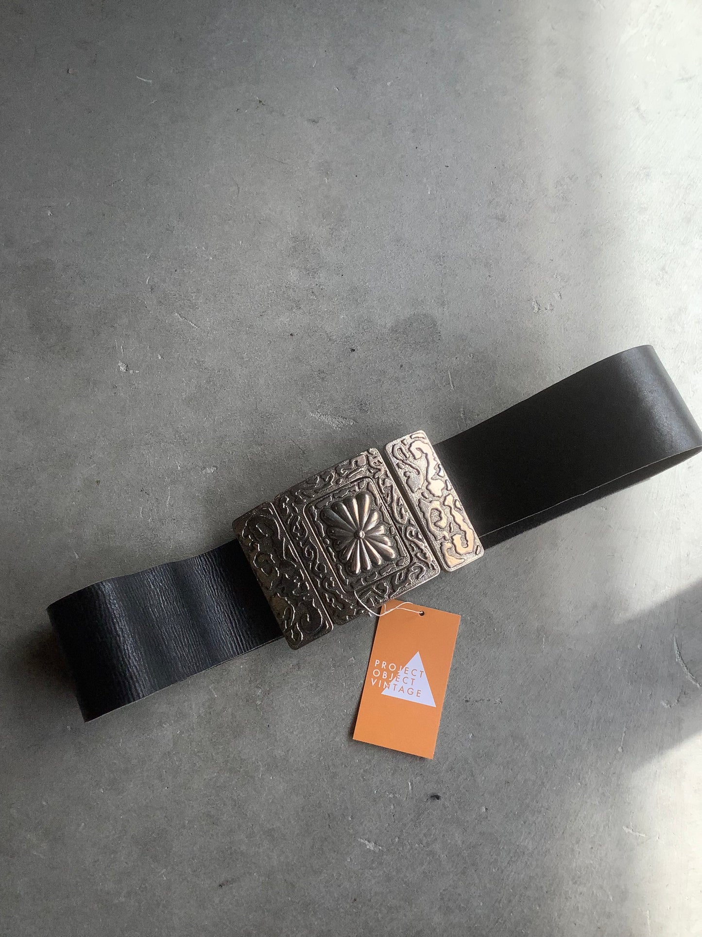 Extra wide black leather and silver belt