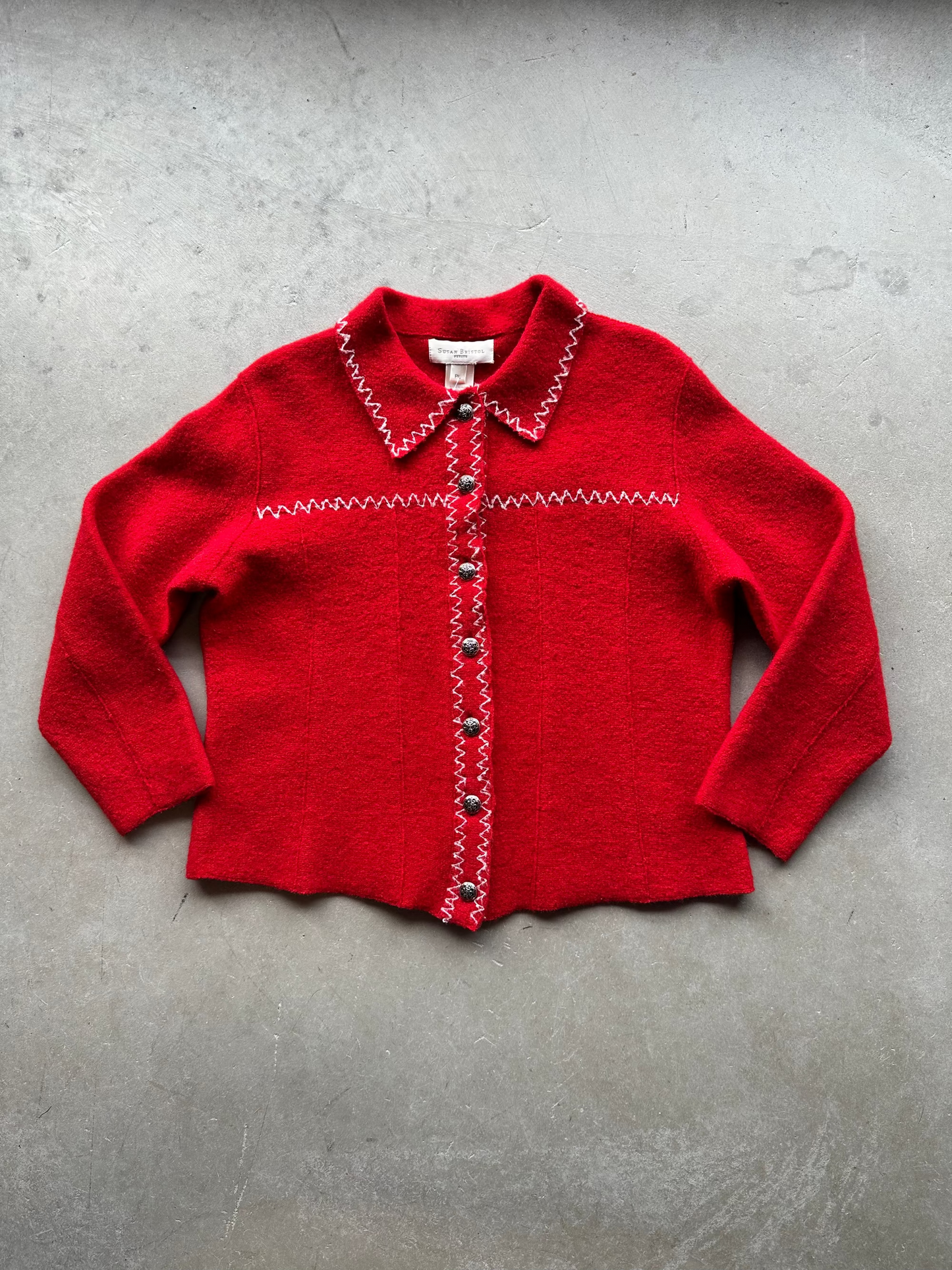 Red Wool Cropped Jacket with White Zigzag Stitching