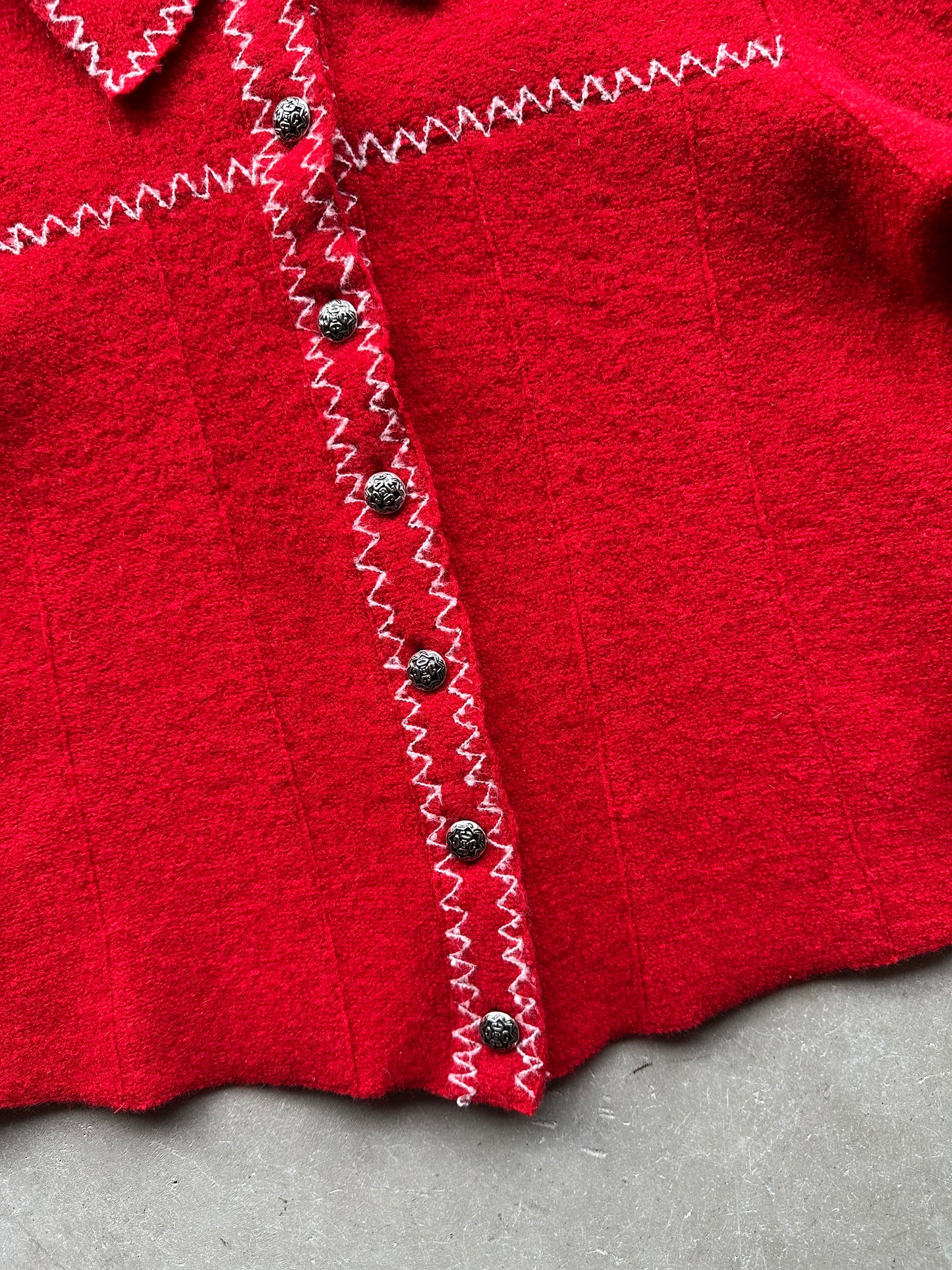 Red Wool Cropped Jacket with White Zigzag Stitching