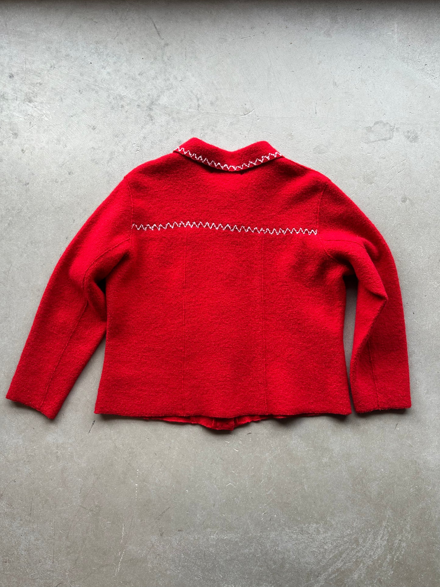 Red Wool Cropped Jacket with White Zigzag Stitching