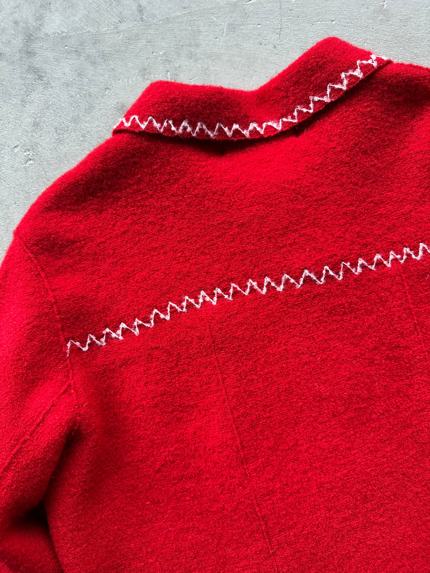 Red Wool Cropped Jacket with White Zigzag Stitching
