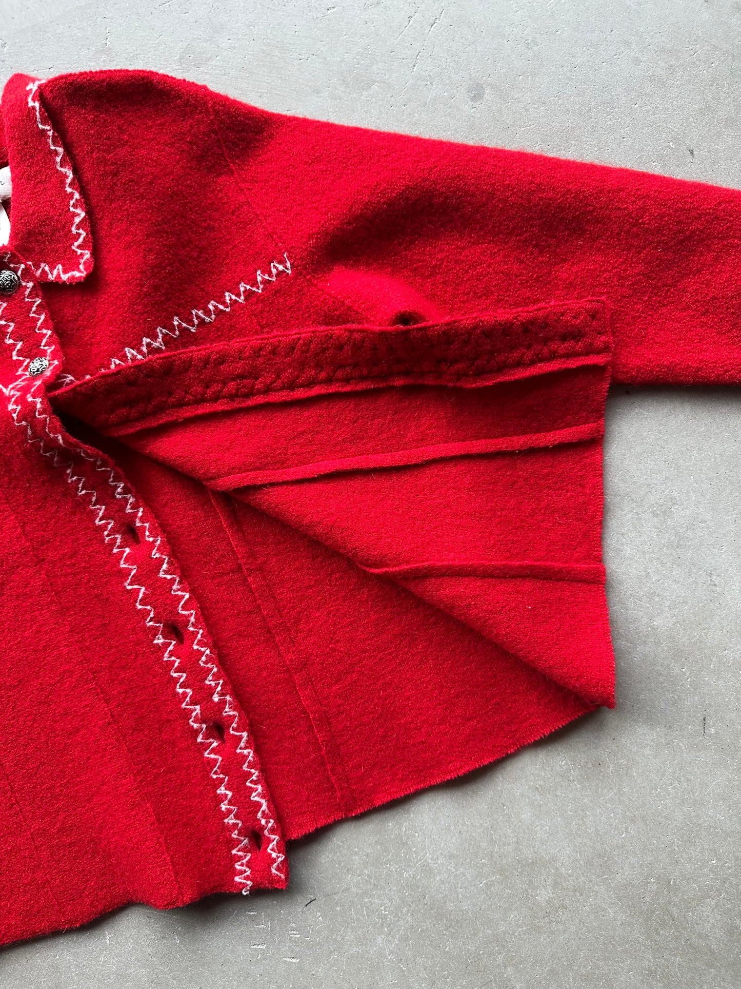 Red Wool Cropped Jacket with White Zigzag Stitching