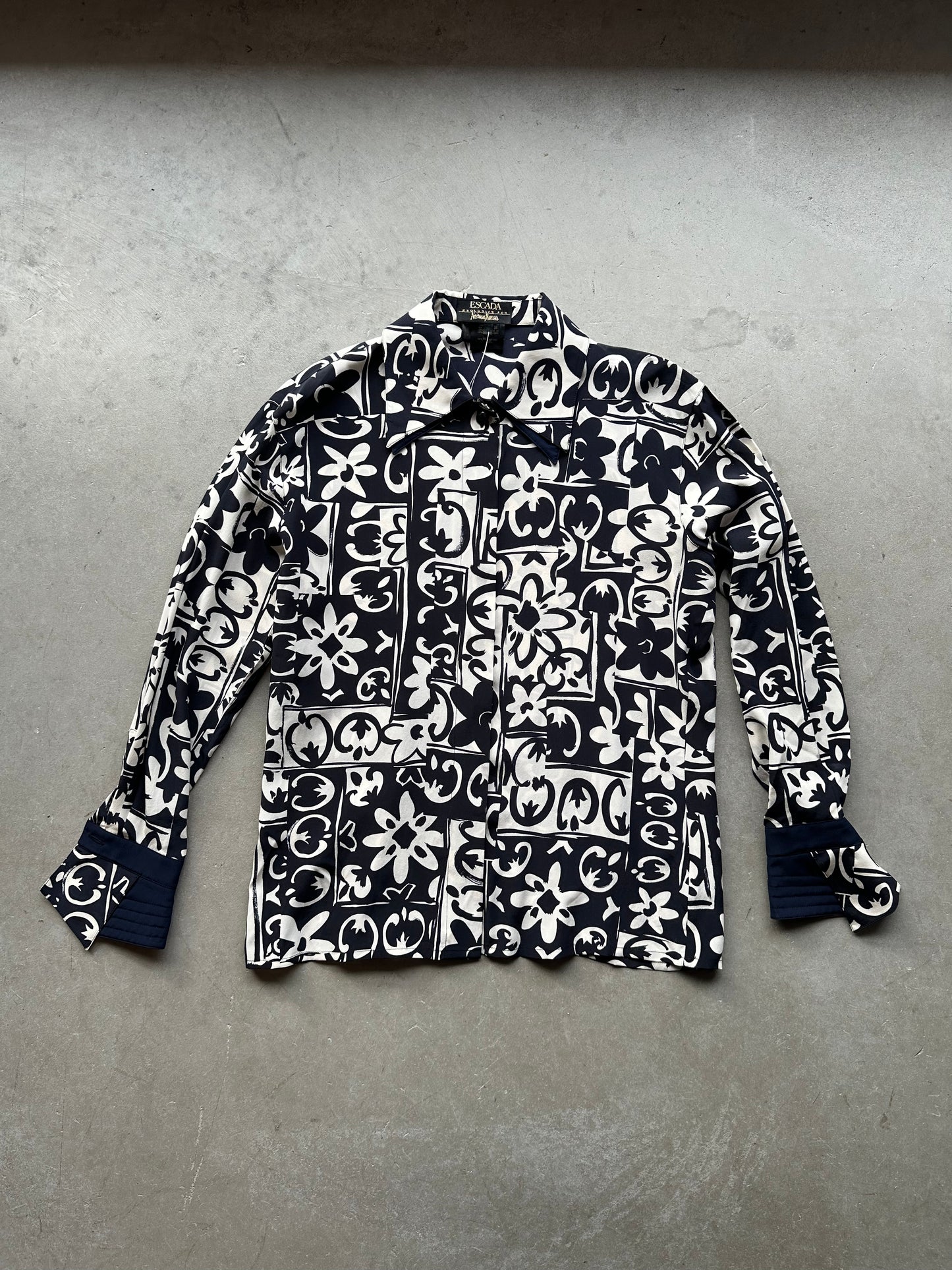Navy Silk Escada Geometric Floral Print Blouse