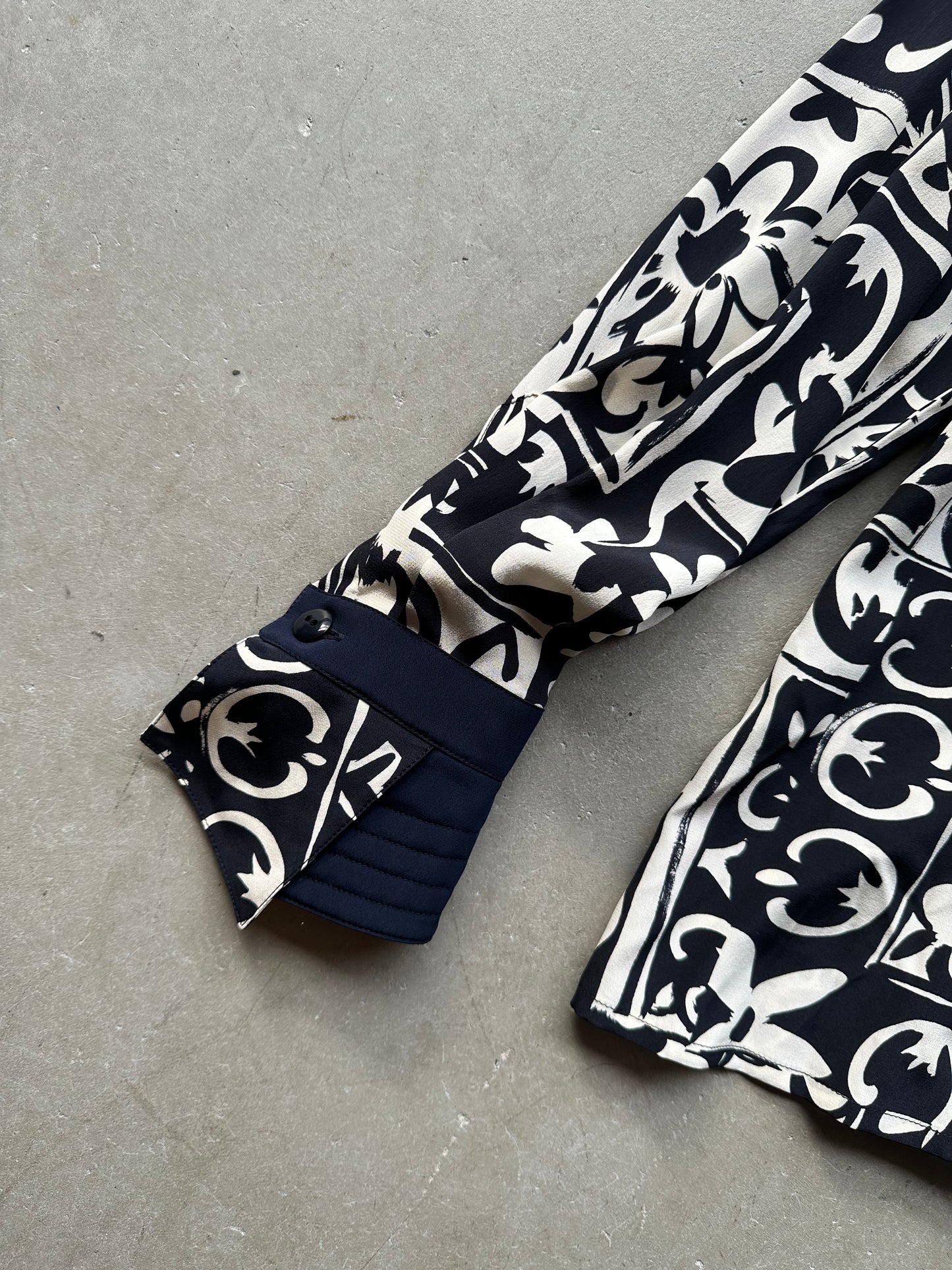 Navy Silk Escada Geometric Floral Print Blouse