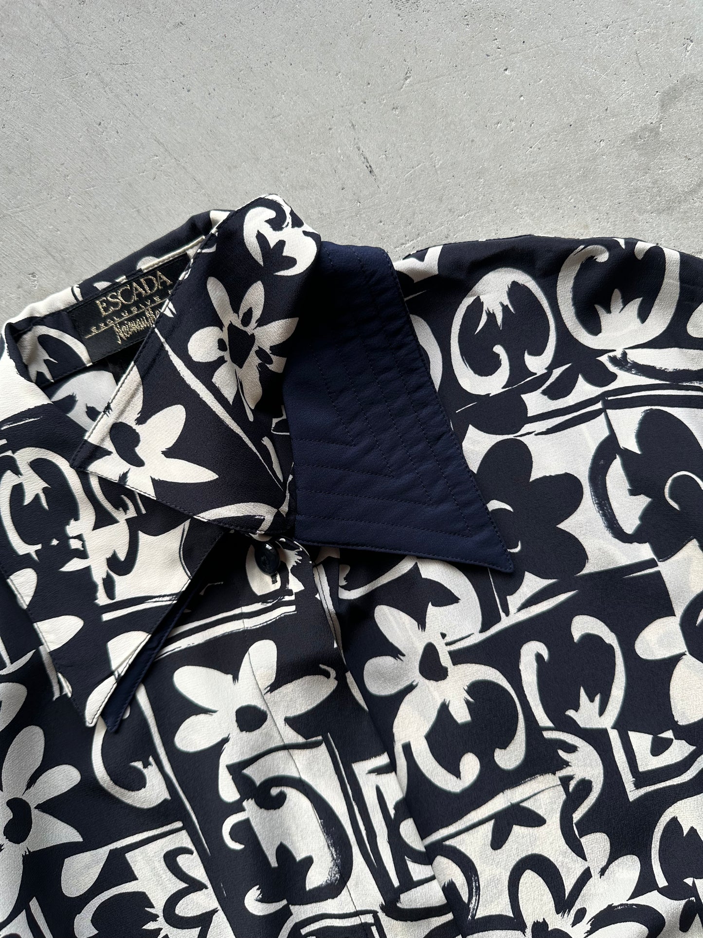 Navy Silk Escada Geometric Floral Print Blouse