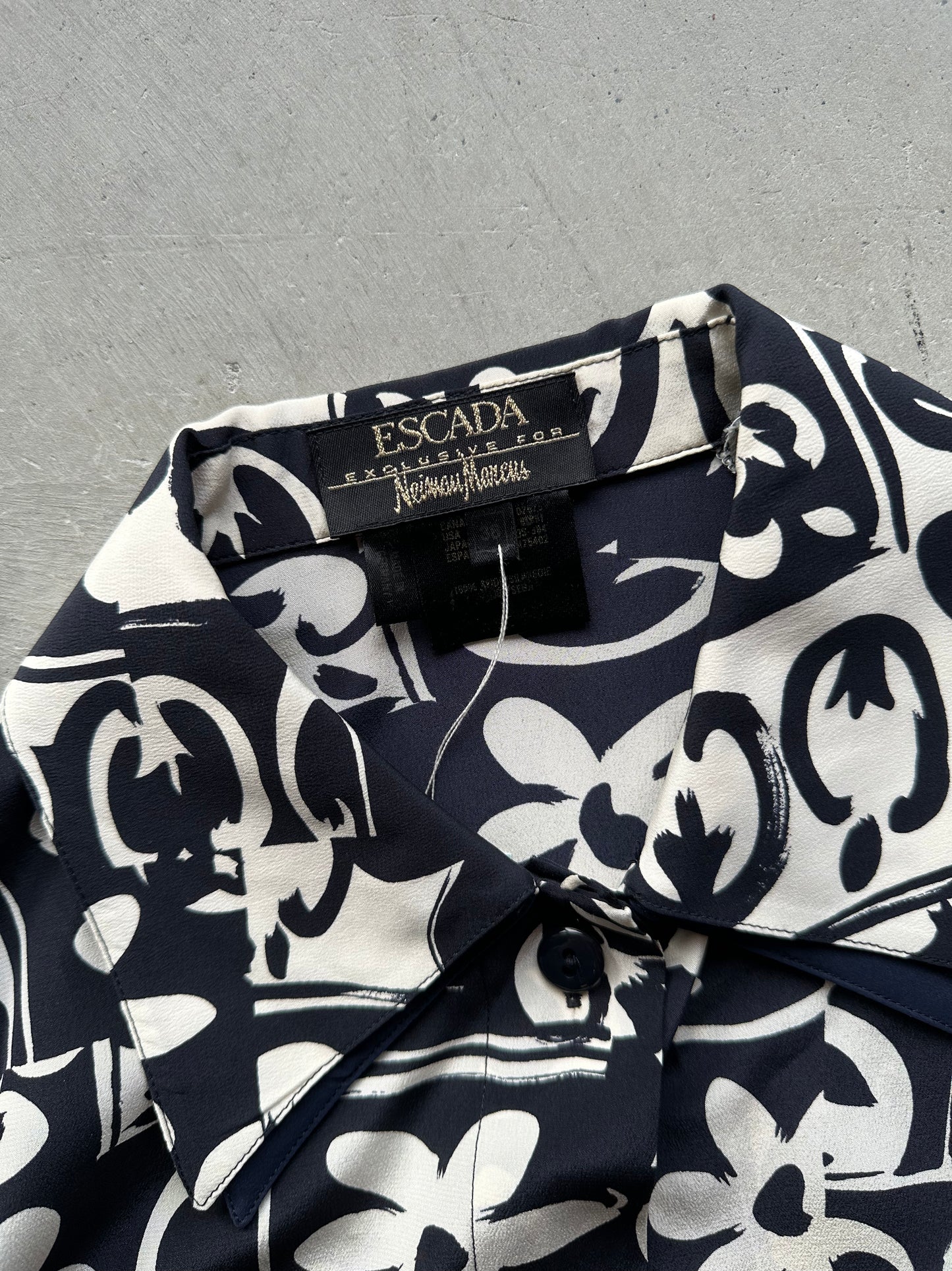 Navy Silk Escada Geometric Floral Print Blouse