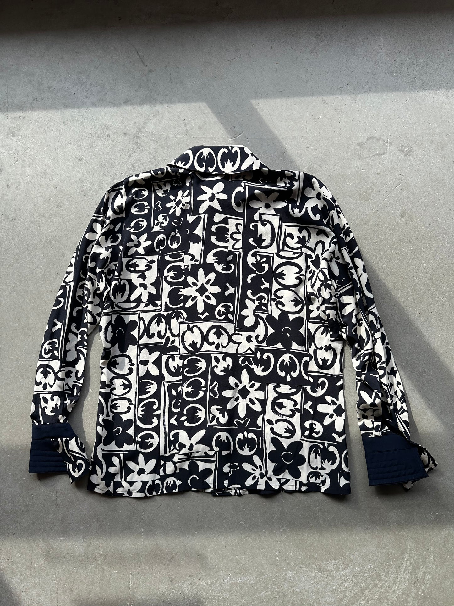 Navy Silk Escada Geometric Floral Print Blouse