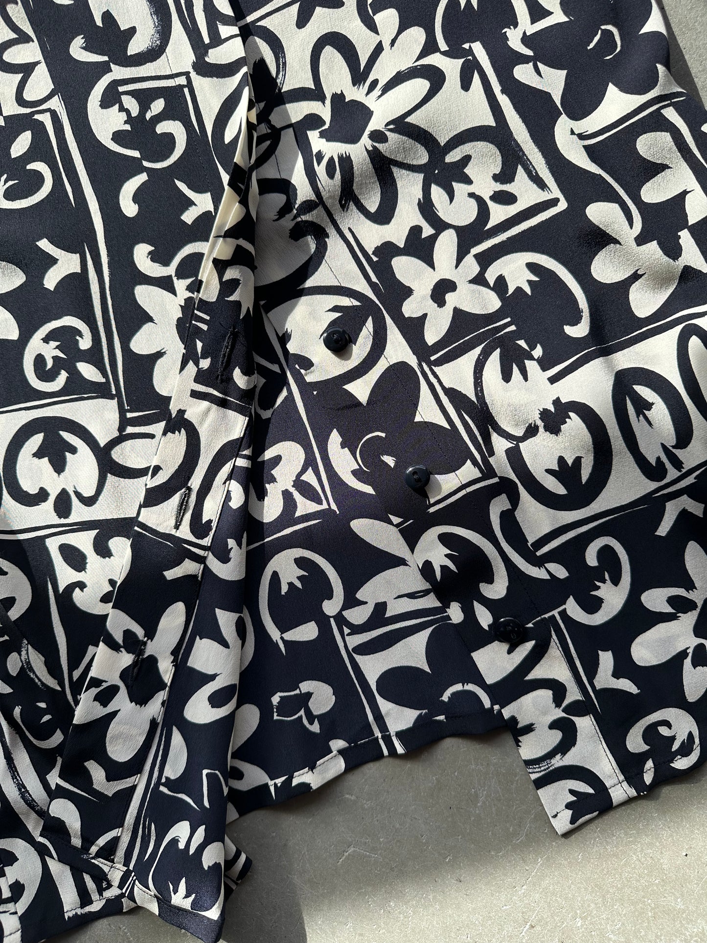 Navy Silk Escada Geometric Floral Print Blouse