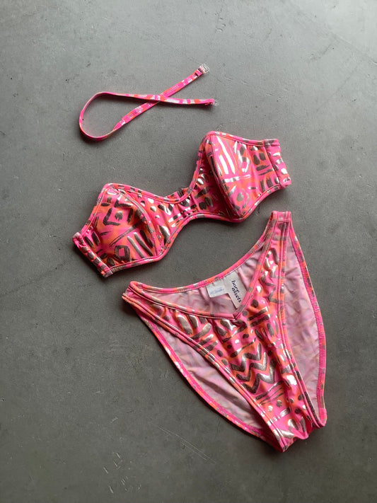 80's French Cut Silver and Pink Bikini