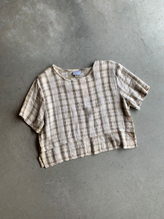 Summer Plaid Neutral Breezy Crop Shirt- S/M/L